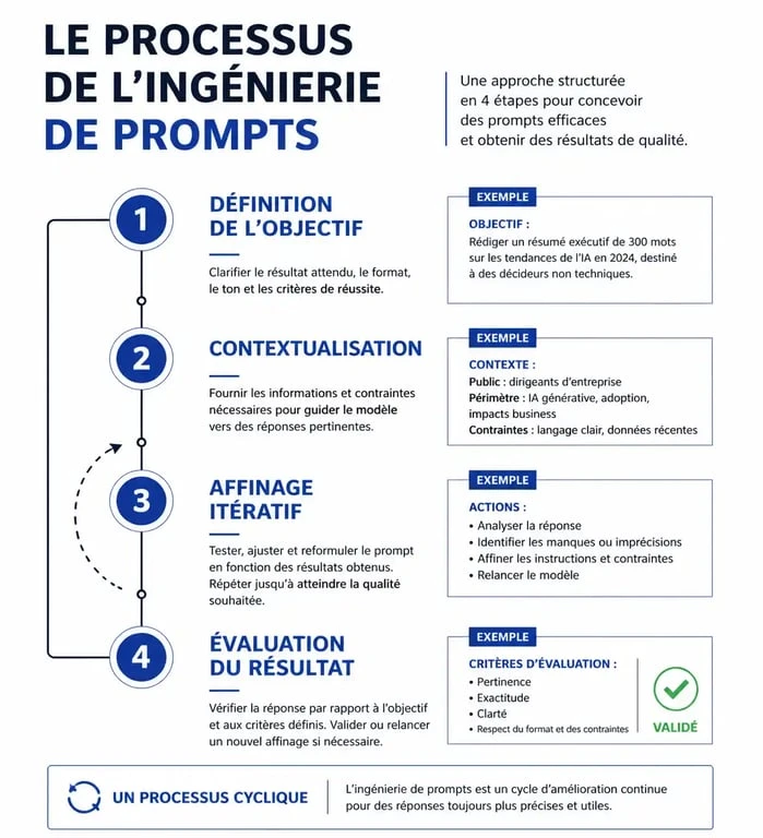 Schéma des étapes clés pour devenir prompt engineer et maîtriser l'ingénierie de requêtes