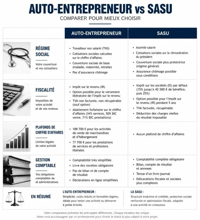 Infographie comparative entre auto-entrepreneur ou sasu pour choisir son statut juridique