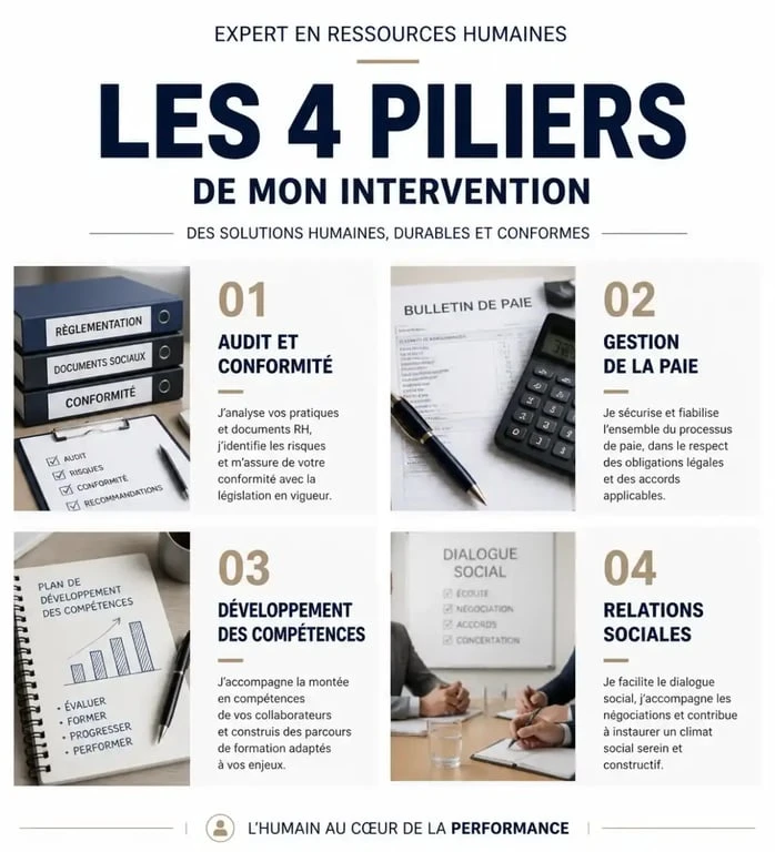 Infographie sur les domaines d'intervention d'un expert ressources humaines pour les entreprises