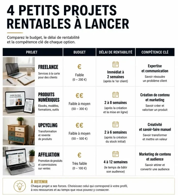 Tableau comparatif des idées de petits projets rentables pour entrepreneurs