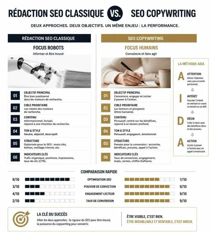 Comparatif entre rédaction SEO classique et SEO Copywriting pour améliorer son positionnement et sa conversion
