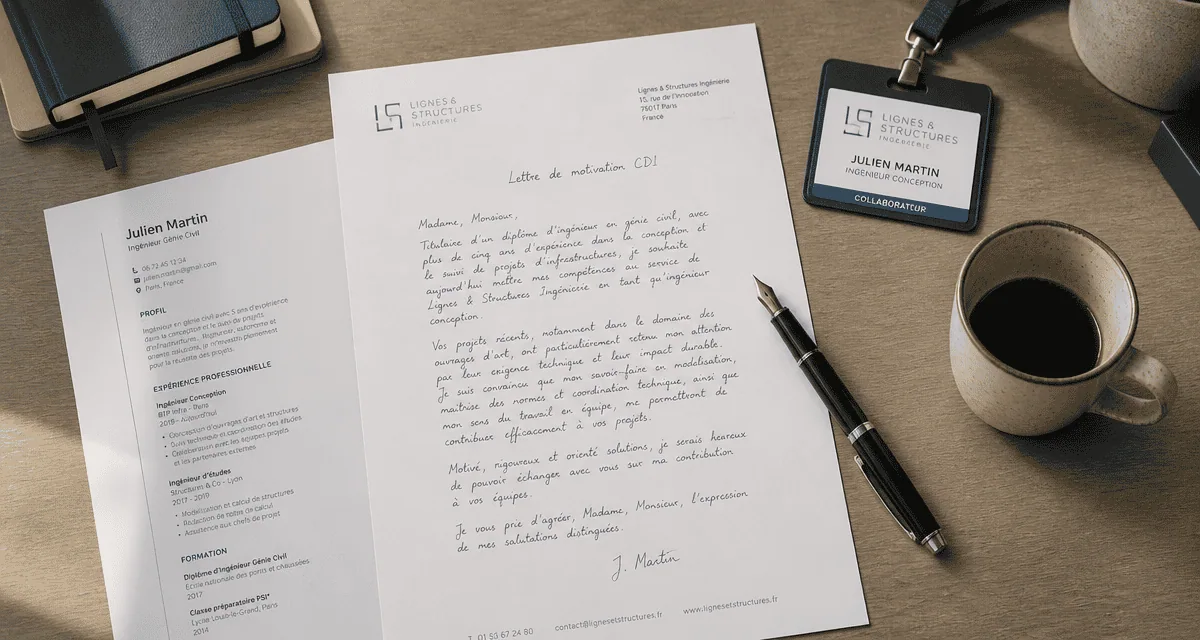 Lettre de motivation CDI sur bureau contemporain