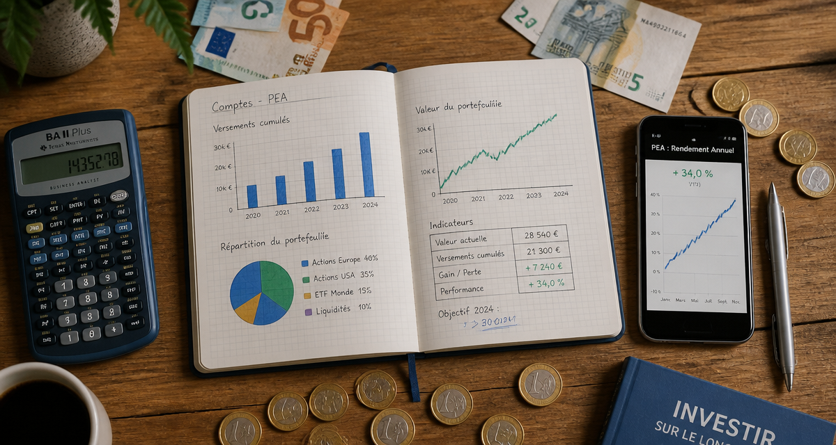plan epargne action rendement sur table avec graphiques et euros
