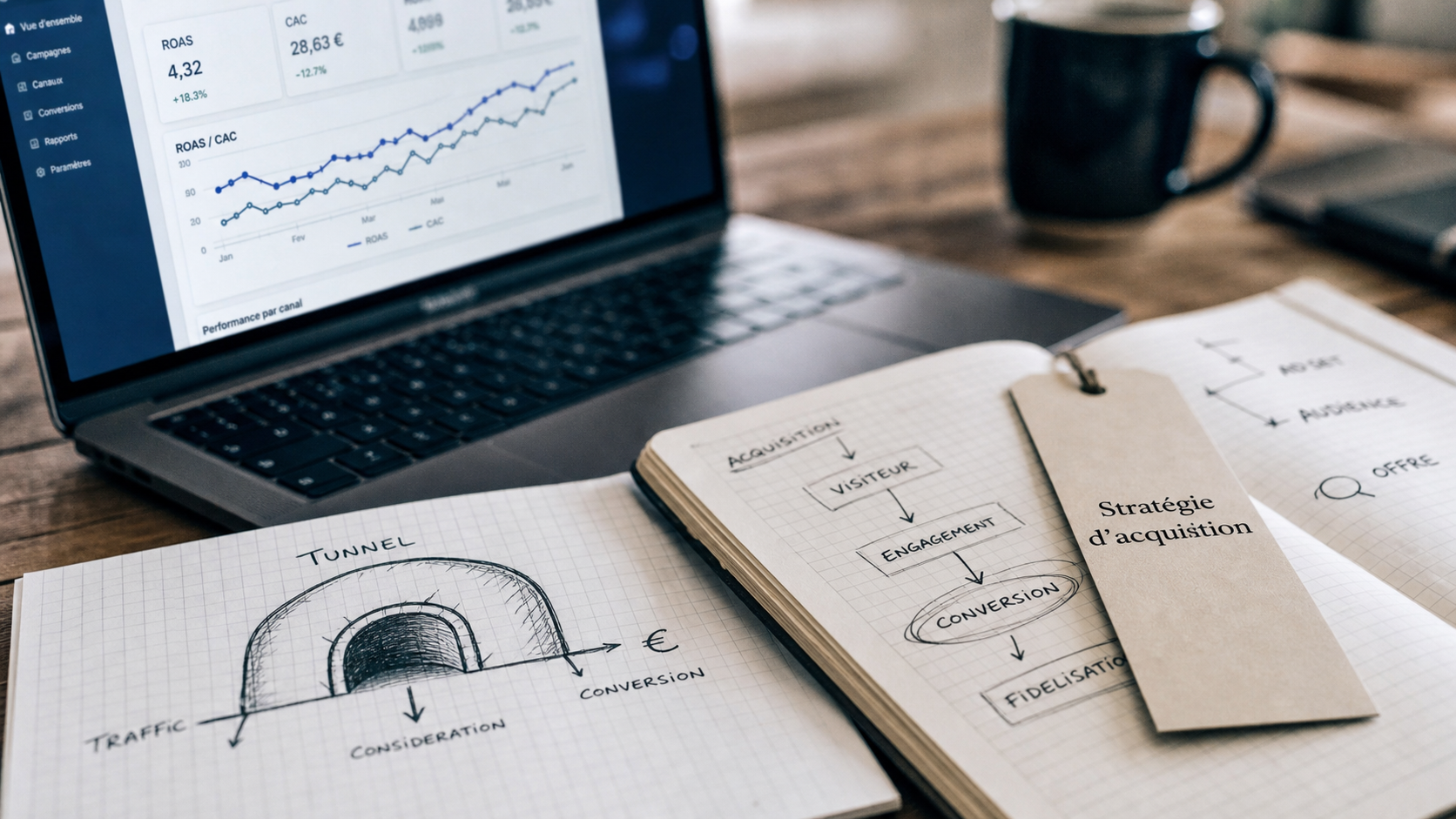 Stratégie d acquisition : tunnel de conversion et ROAS/CAC sur un bureau