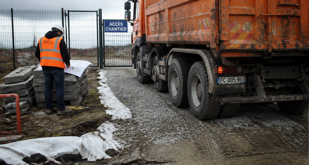 acces chantier gravier geotextile camion