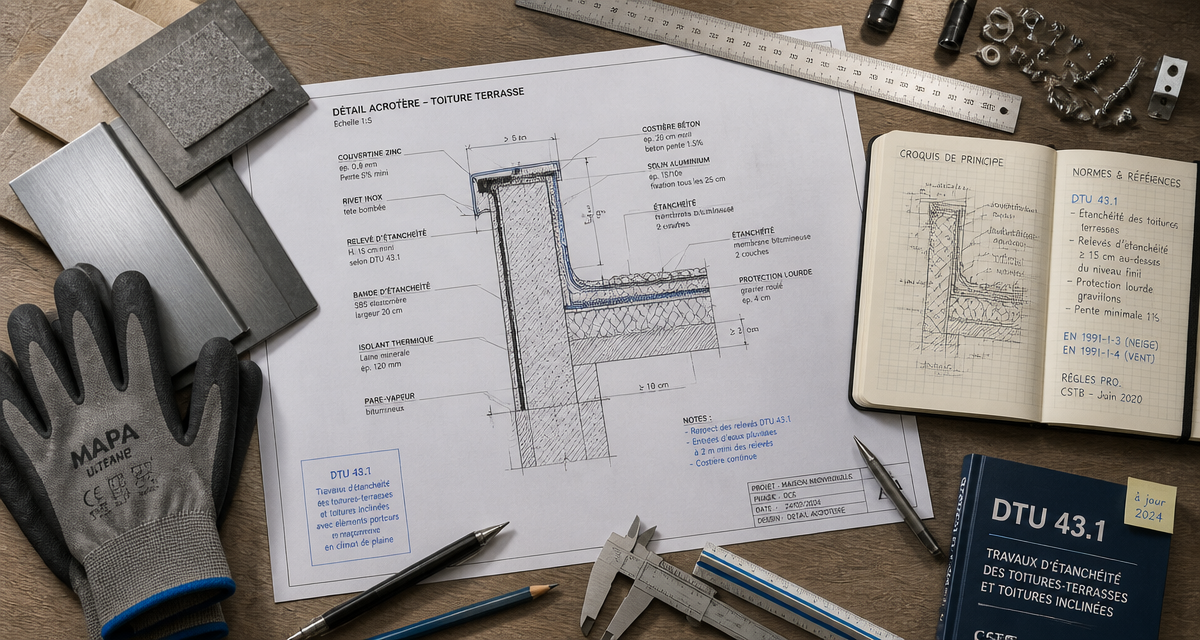 acrotère toiture terrasse plan et accessoires