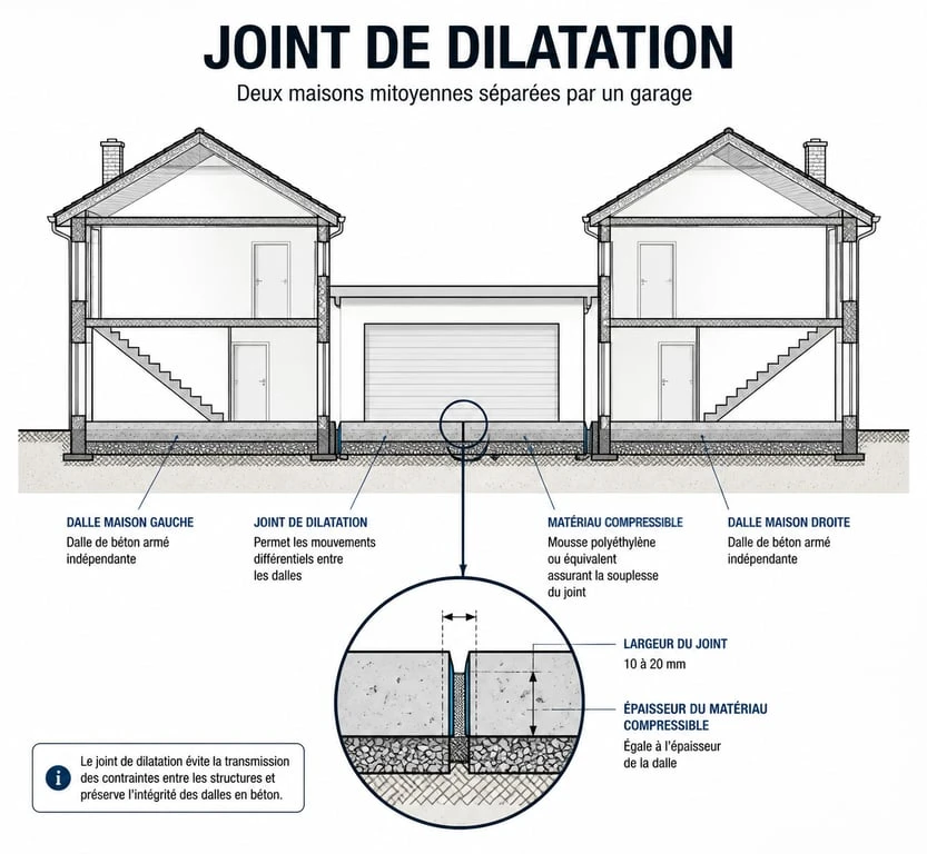 Schéma technique d'une maison mitoyenne par le garage montrant le joint de dilatation entre les deux structures.