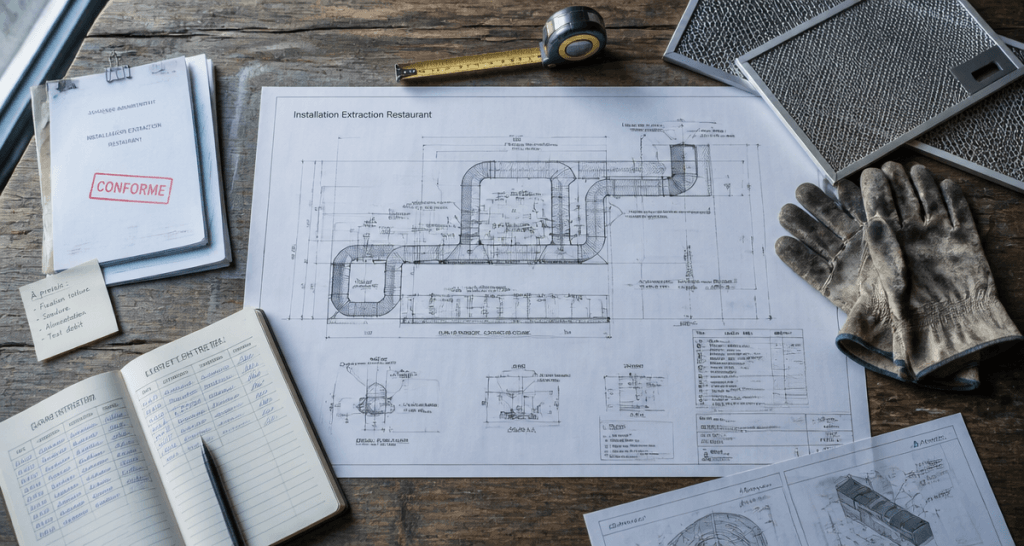 installation extraction restaurant dans copropriété plan technique sur bureau