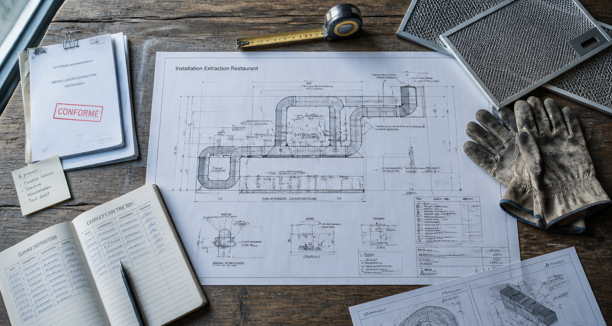 installation extraction restaurant dans copropriété plan technique sur bureau
