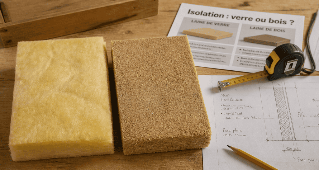 laine de verre ou laine de bois côte à côte sur bureau