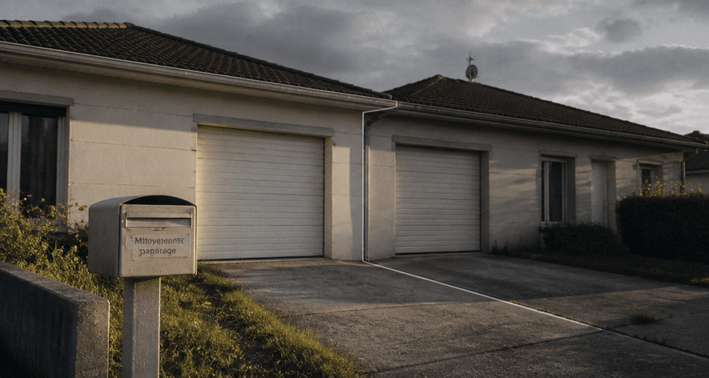 Maison mitoyenne par le garage, joint visible, façade et garages