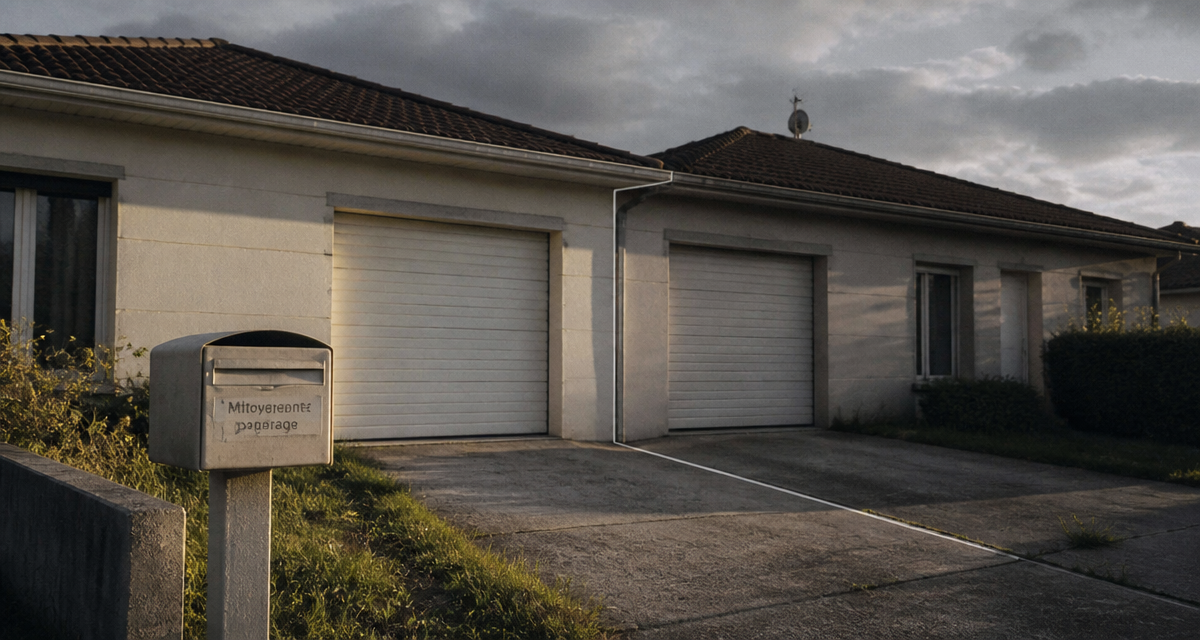 Maison mitoyenne par le garage, joint visible, façade et garages