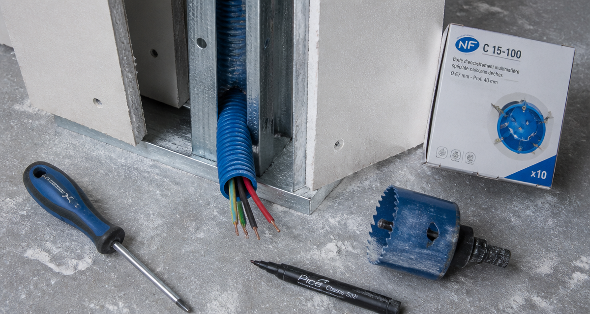 passage câble électrique dans cloison placo norme avec gaine et outils