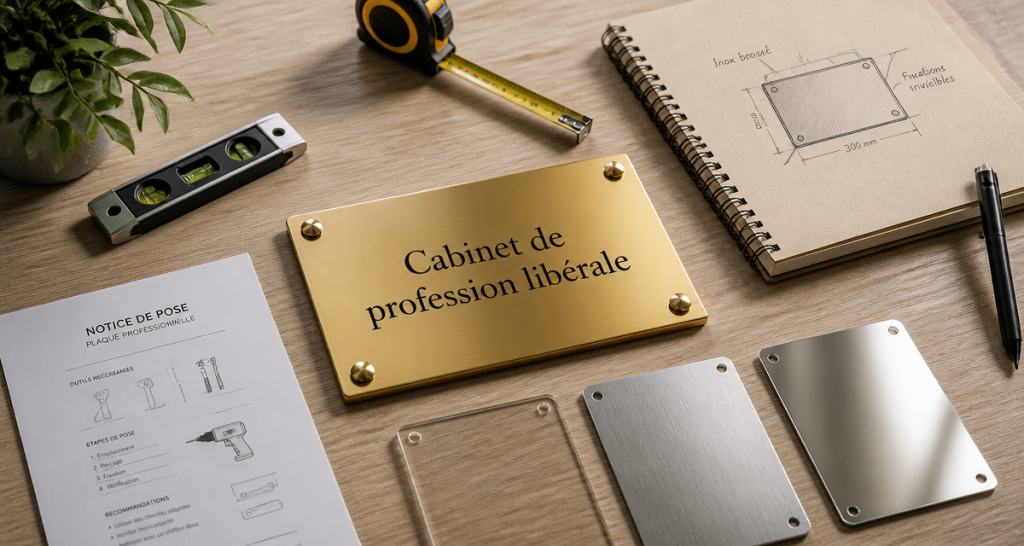 plaque profession libérale sur bureau avec matériaux