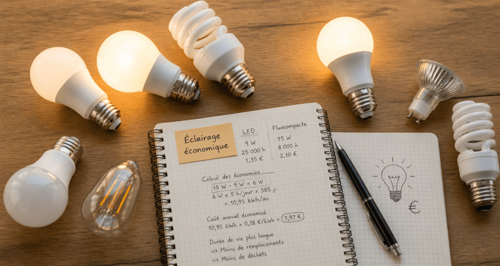 Ampoule economique LED et fluocompacte allumées sur table