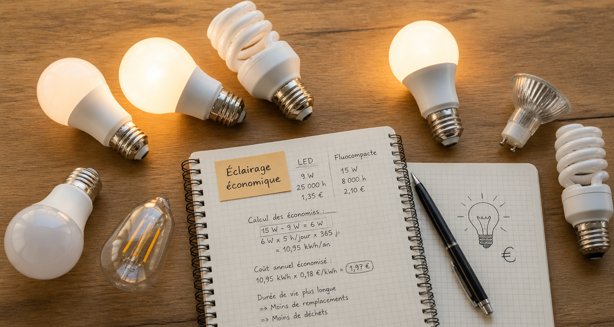 Ampoule economique LED et fluocompacte allumées sur table