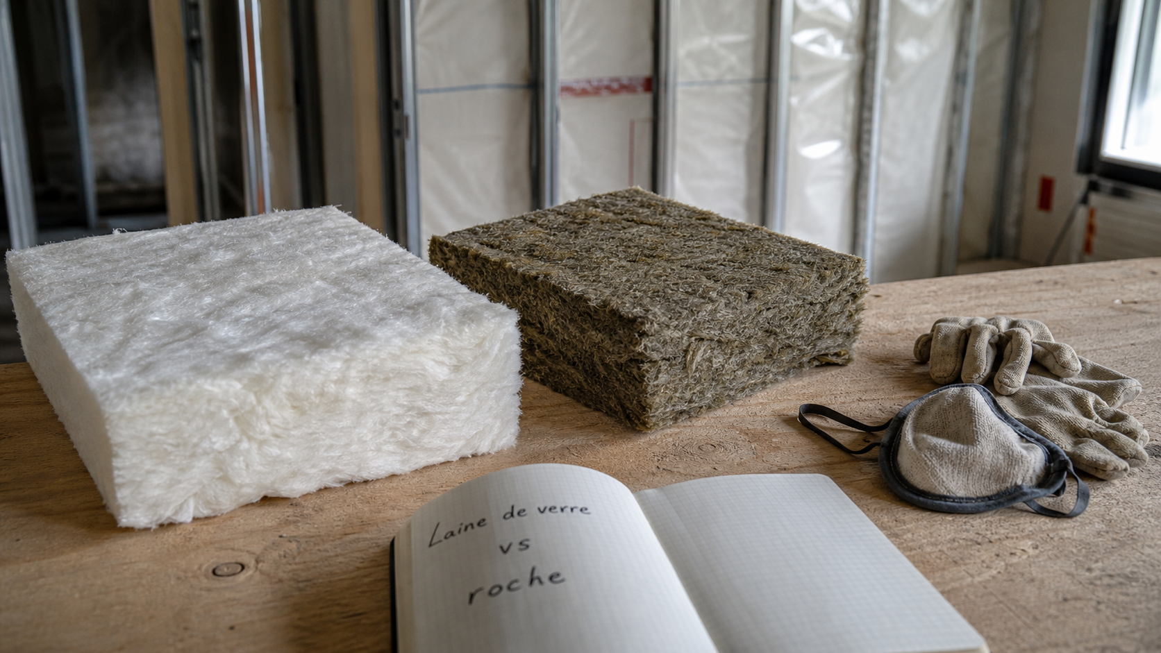 Différence entre laine de verre et laine de roche : laine de verre blanche et laine de roche grise sur chantier de rénovation