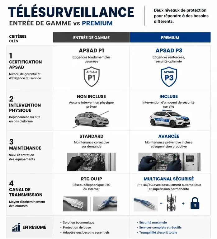 Tableau comparatif des offres d'abonnement télésurveillance : entrée de gamme vs premium