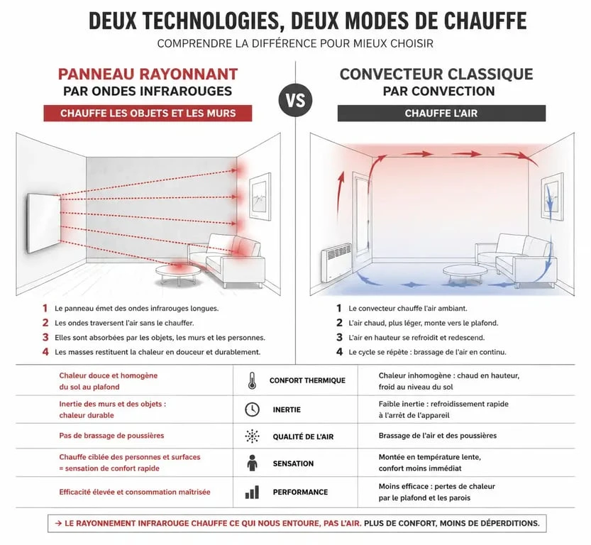 Schéma de fonctionnement d'un panneau rayonnant par rayonnement infrarouge