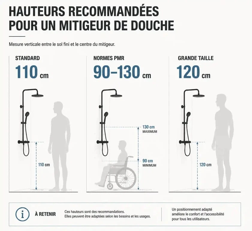 Infographie des hauteurs recommandées pour l'installation d'un mitigeur de douche selon le profil utilisateur