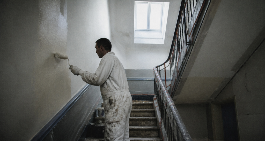 Ouvrier rénovant cage d'escalier immeuble avec peinture et garde-corps