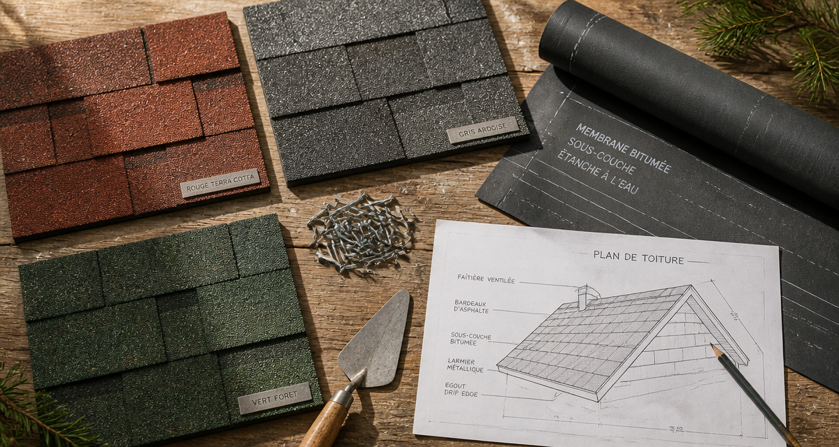 Échantillons shingle toiture et outils sur établi