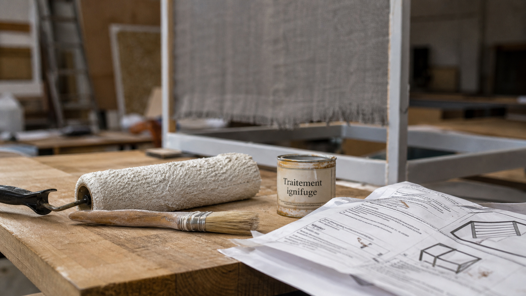 Materiaux ignifuge : rouleau et pinceau avec pot de traitement ignifuge en atelier