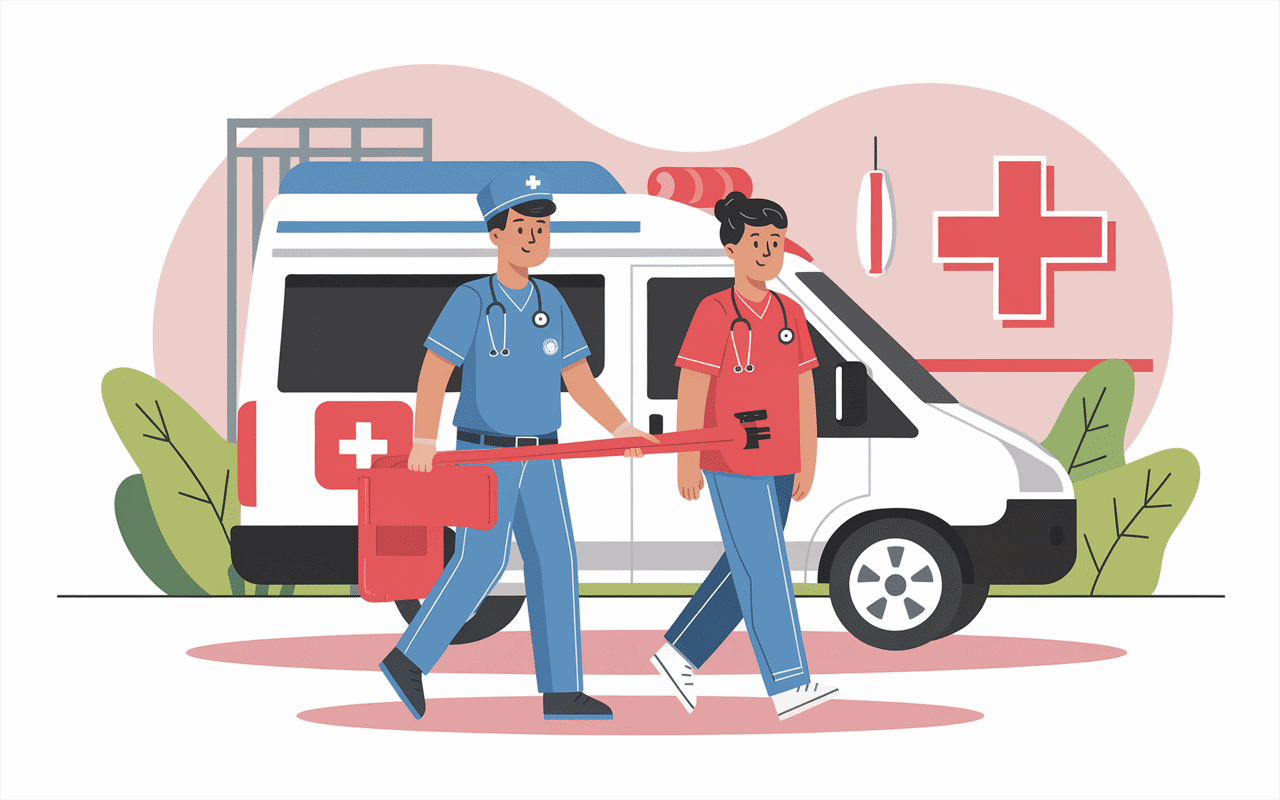 Auxiliaire ambulancier aidant brancard vehicule sanitaire