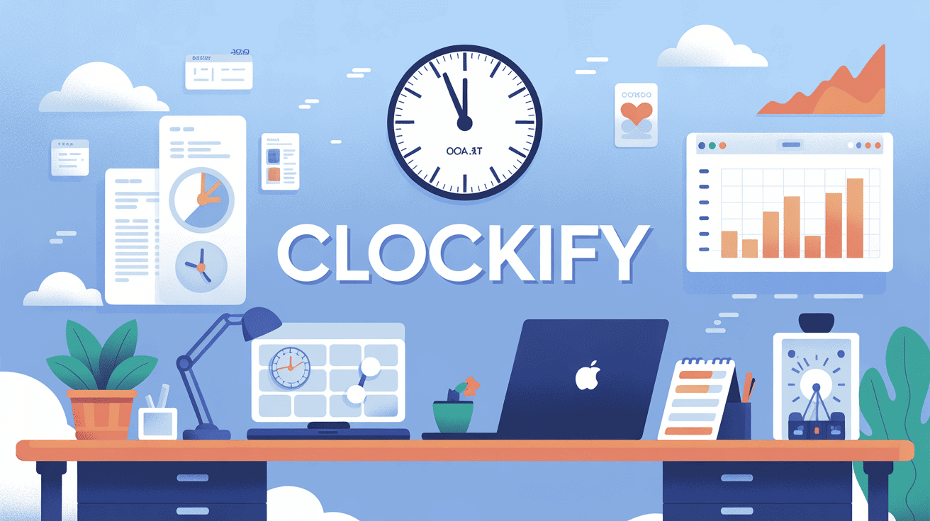 Bureau avec chronomètre et ordinateur, Clockify