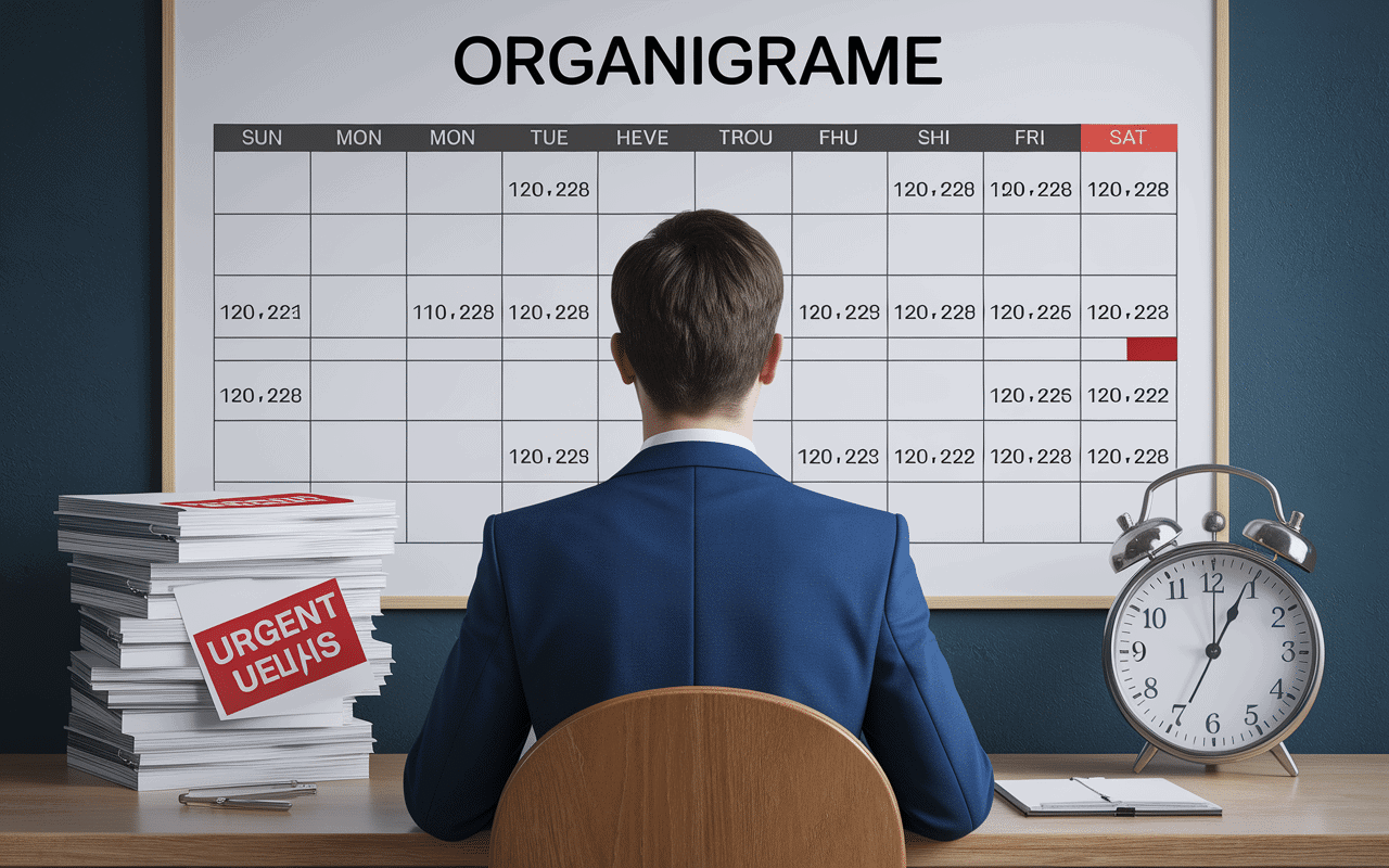 Personnage devant tableau avec organigramme et documents urgents