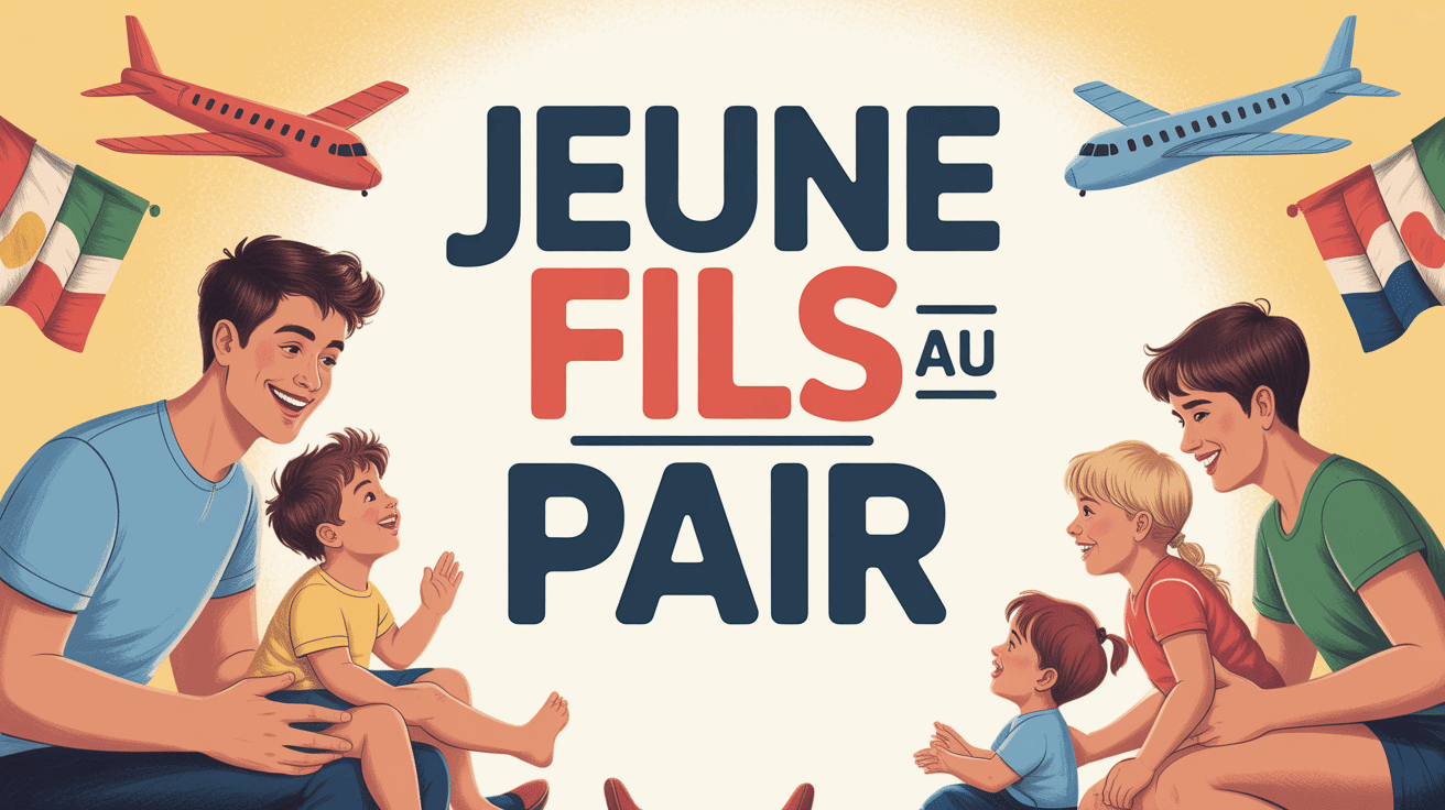 Jeune fils au pair avec enfants et drapeaux internationaux