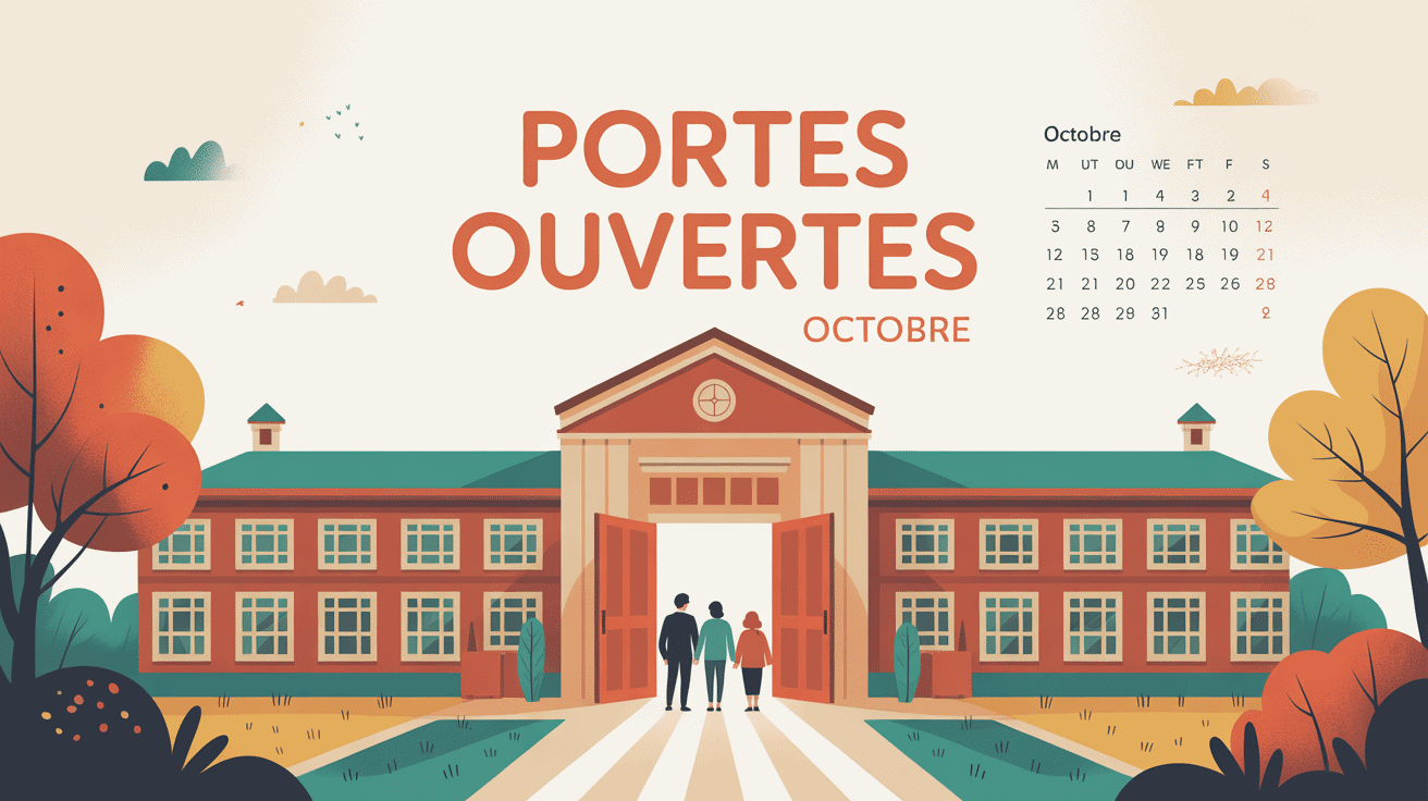 Portes ouvertes octobre 2024 bâtiment éducatif silhouettes visiteurs calendrier