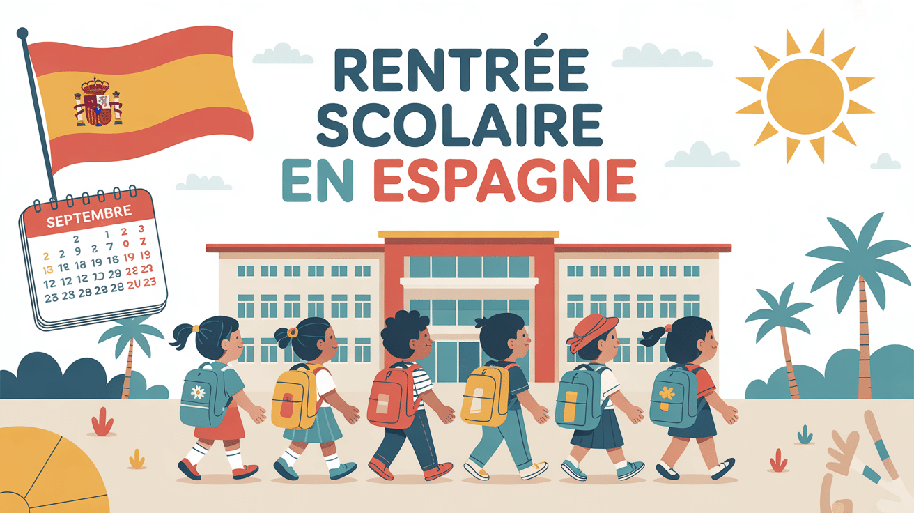 Enfants devant école drapeau Espagne rentrée scolaire 2024