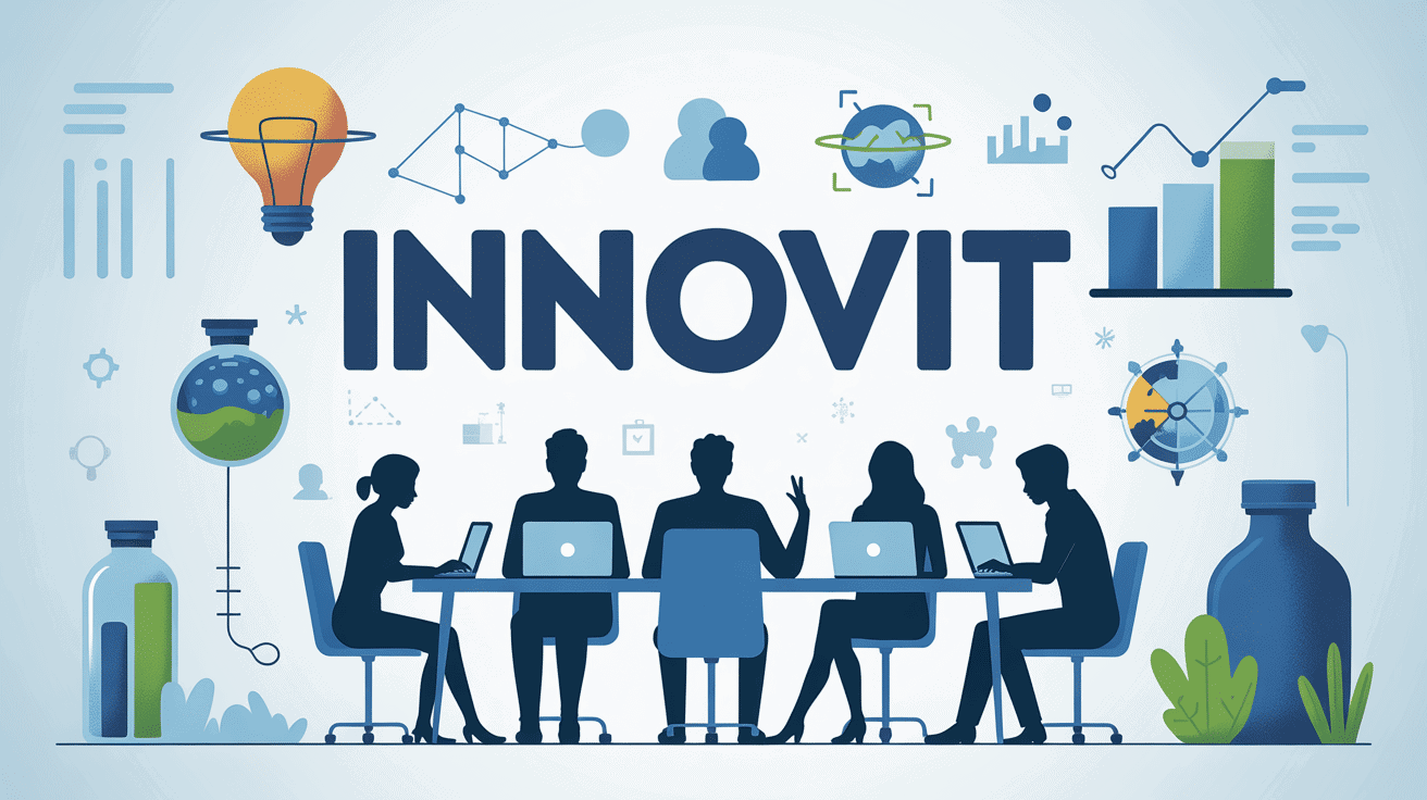 Personnes collaborant autour d'innovit avec icônes innovation