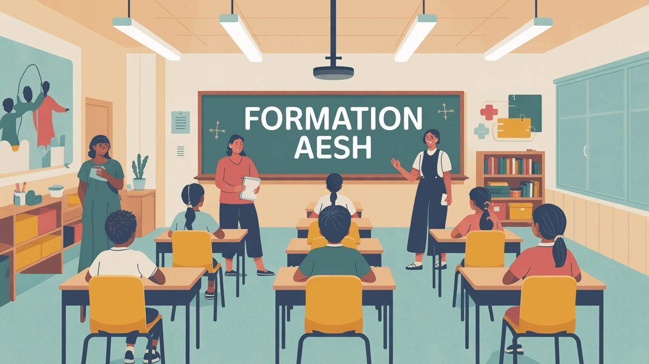 Illustration d'un AESH en formation accompagnant des élèves handicapés