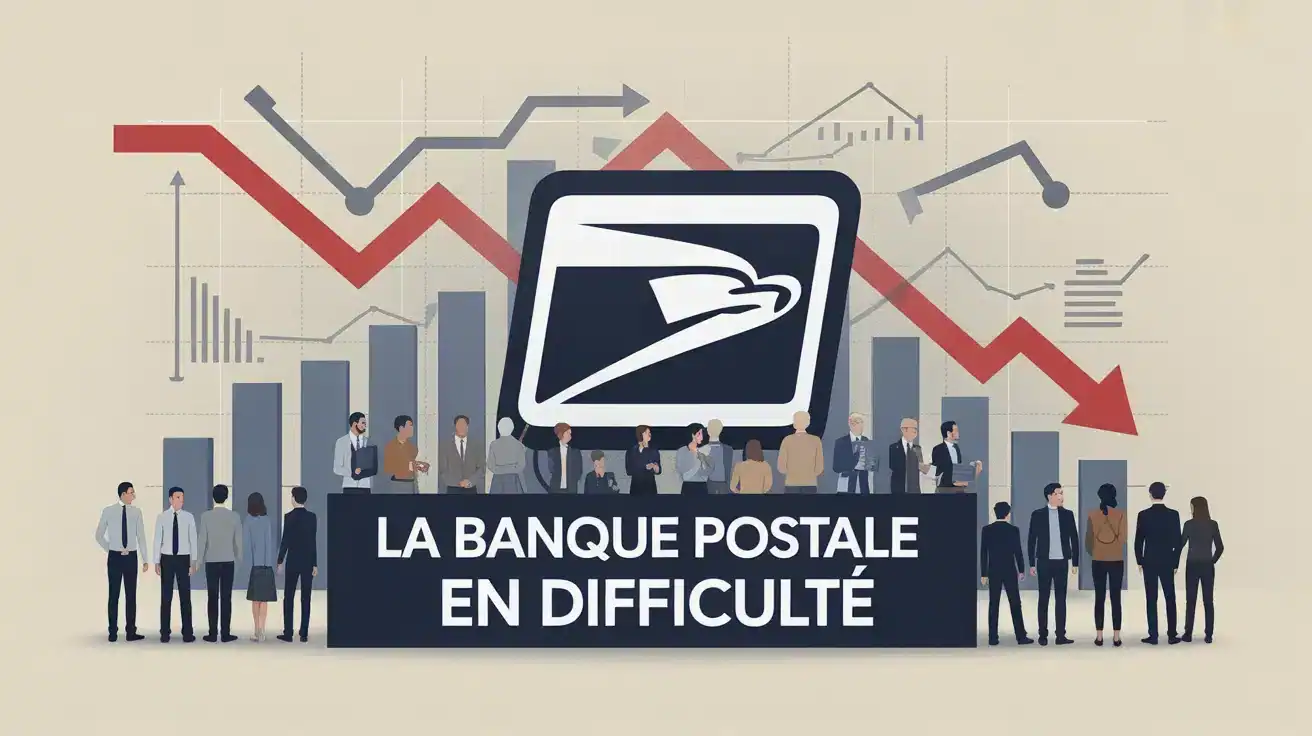 Illustration vectorielle La Banque Postale en difficulté avec graphiques et clients inquiets