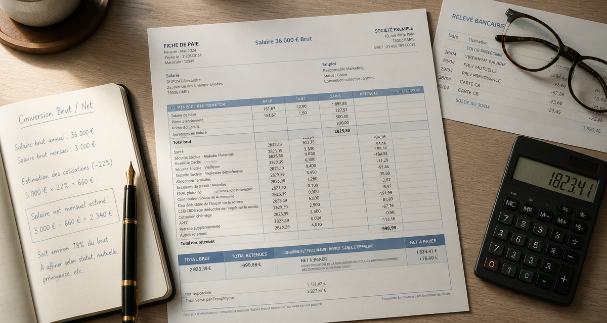 36000 brut en net fiche de paie bureau