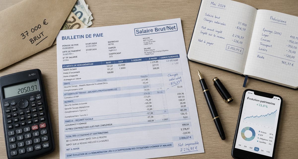 37000 brut en net bulletin de paie et euros