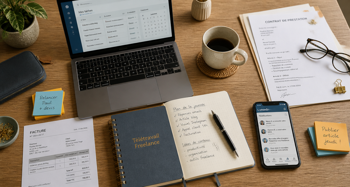 bureau teletravail en ligne freelance avec ordinateur carnet et contrat