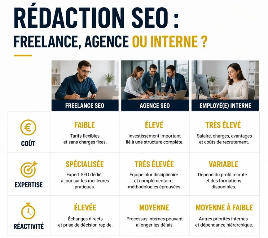 Comparatif rédacteur web SEO freelance, agence et salarié