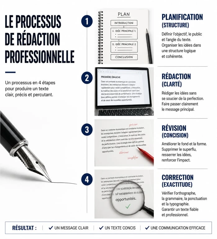 Infographie des étapes clés pour développer ses compétences rédactionnelles : planification, rédaction, révision et correction.