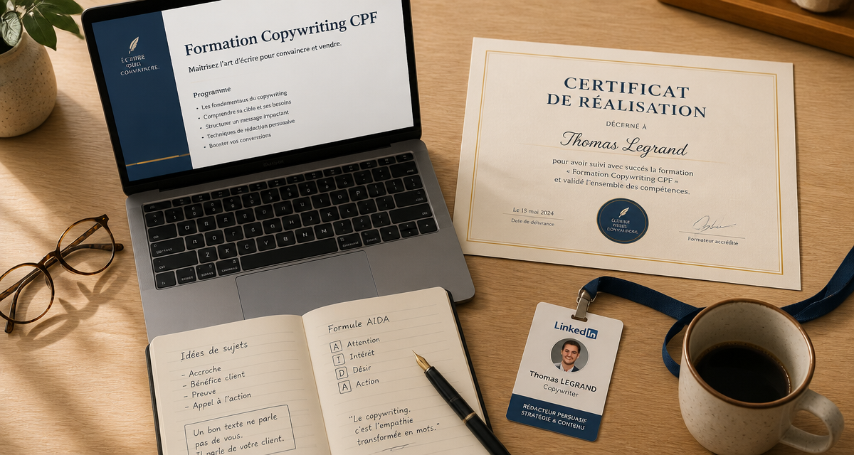 bureau avec formation copywriting cpf ordinateur carnet