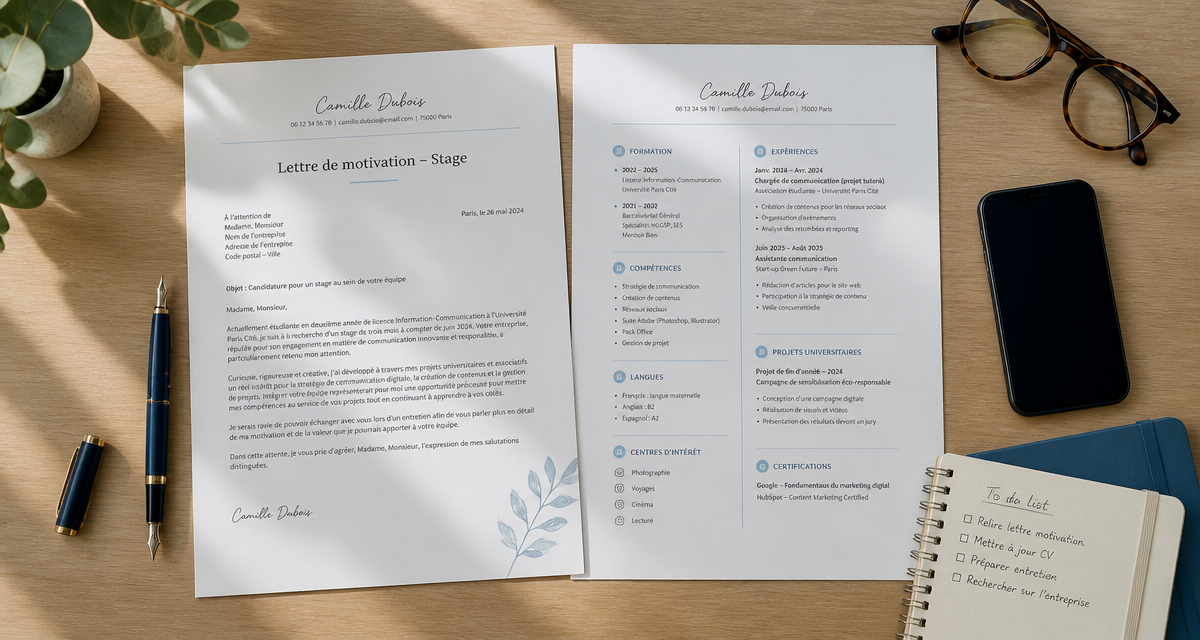 lettre de motivation stage et CV sur table
