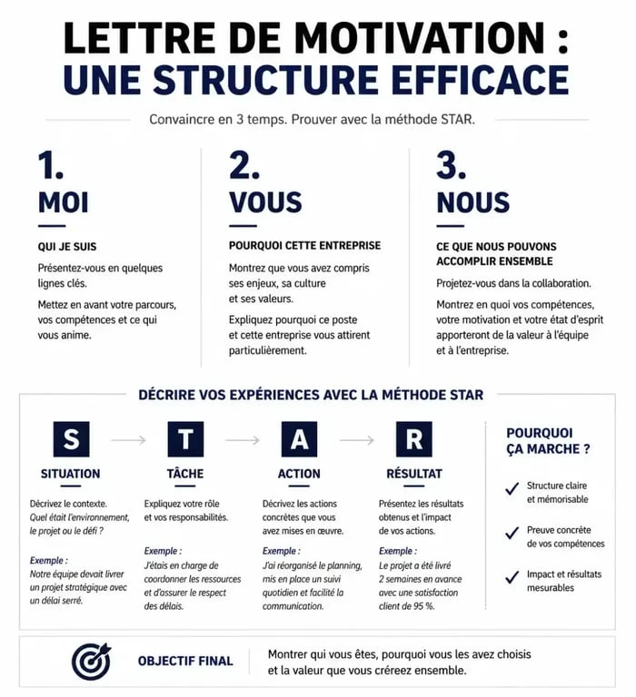 Infographie illustrant la structure d'une lettre de motivation pour une école avec la méthode STAR