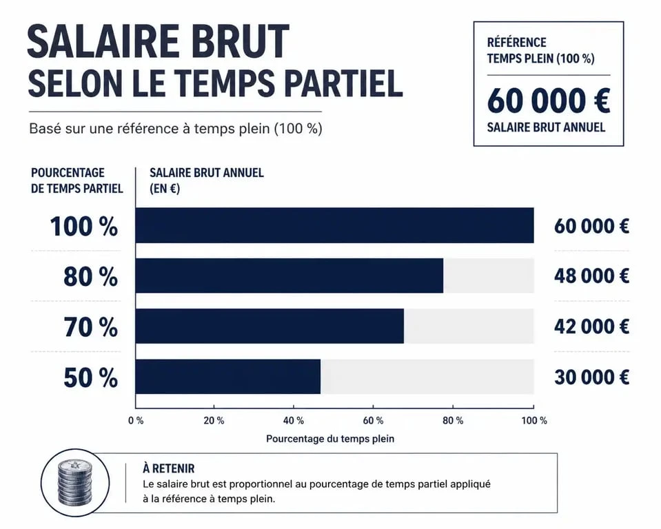 Infographie illustrant le calcul du salaire à temps partiel en fonction du pourcentage d'heures travaillées