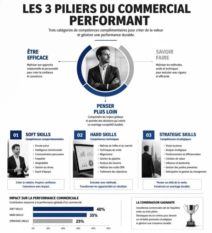Infographie récapitulative des qualités d'un commercial : soft skills, hard skills et compétences stratégiques.