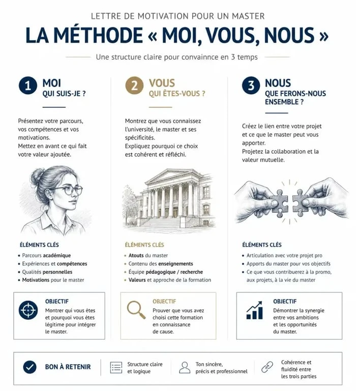 Infographie de la méthode Moi, Vous, Nous pour réussir sa lettre de motivation master