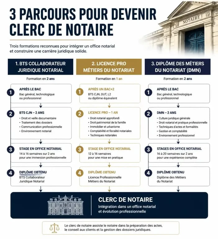 Infographie des parcours de formation pour une reconversion en clerc de notaire