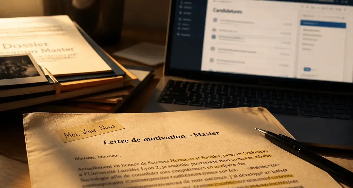 Lettre de motivation master exemple sur un bureau, stylo et dossier de candidature