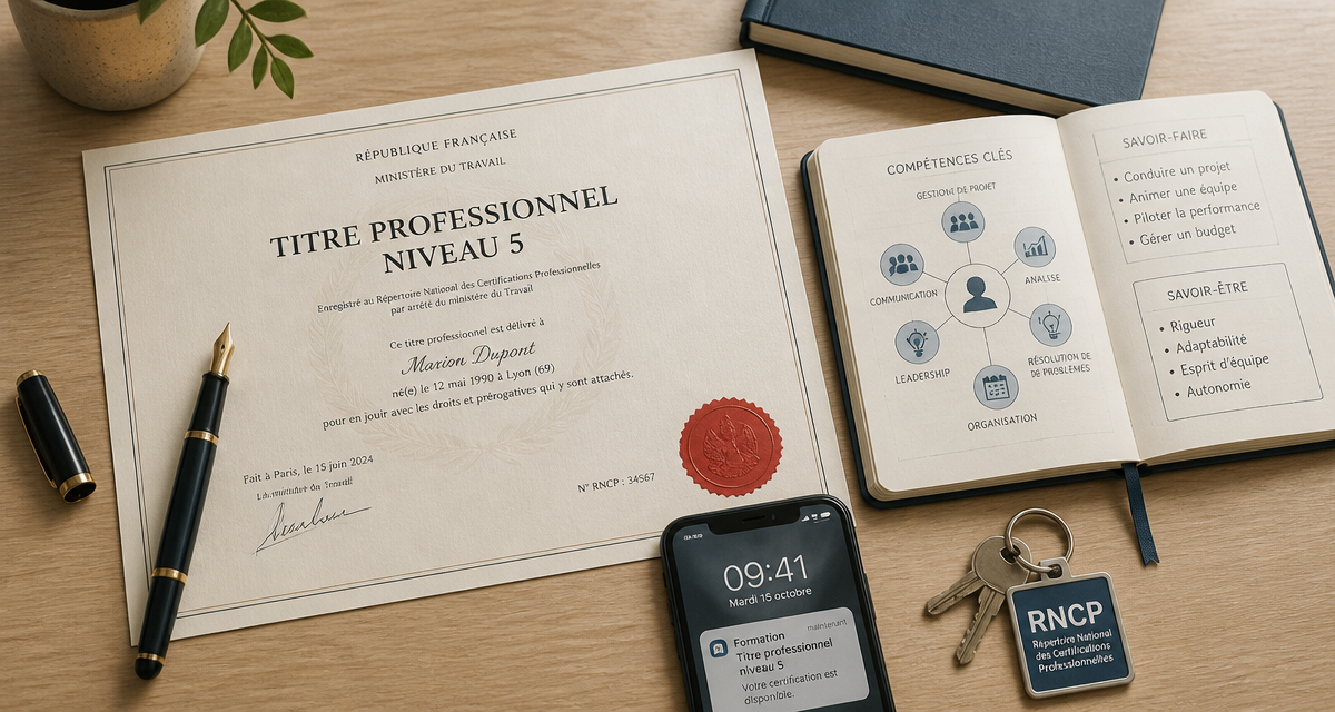 titre pro niveau 5 sur bureau avec certificat et badge RNCP